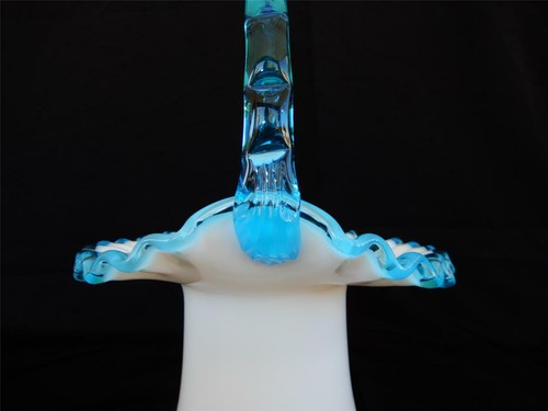 VTG Fenton Art Glass Aqua Crest Basket Applied Blue Bamboo Handle - Picture 6 of 12