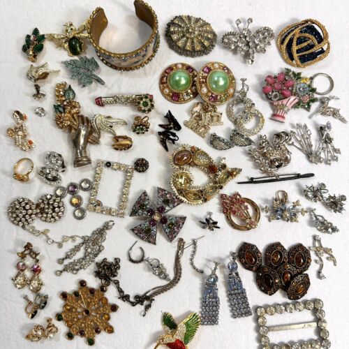 Vintage RHINESTONES Earrings Pins Bracelet JEWELRY REPAIR Craft Findings Lot - Picture 1 of 10