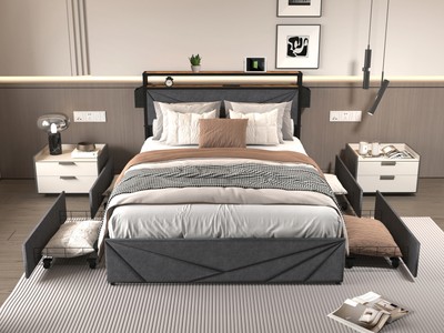 Full Bed Frame, Storage Headboard with Charging Station, Solid and Stable 4