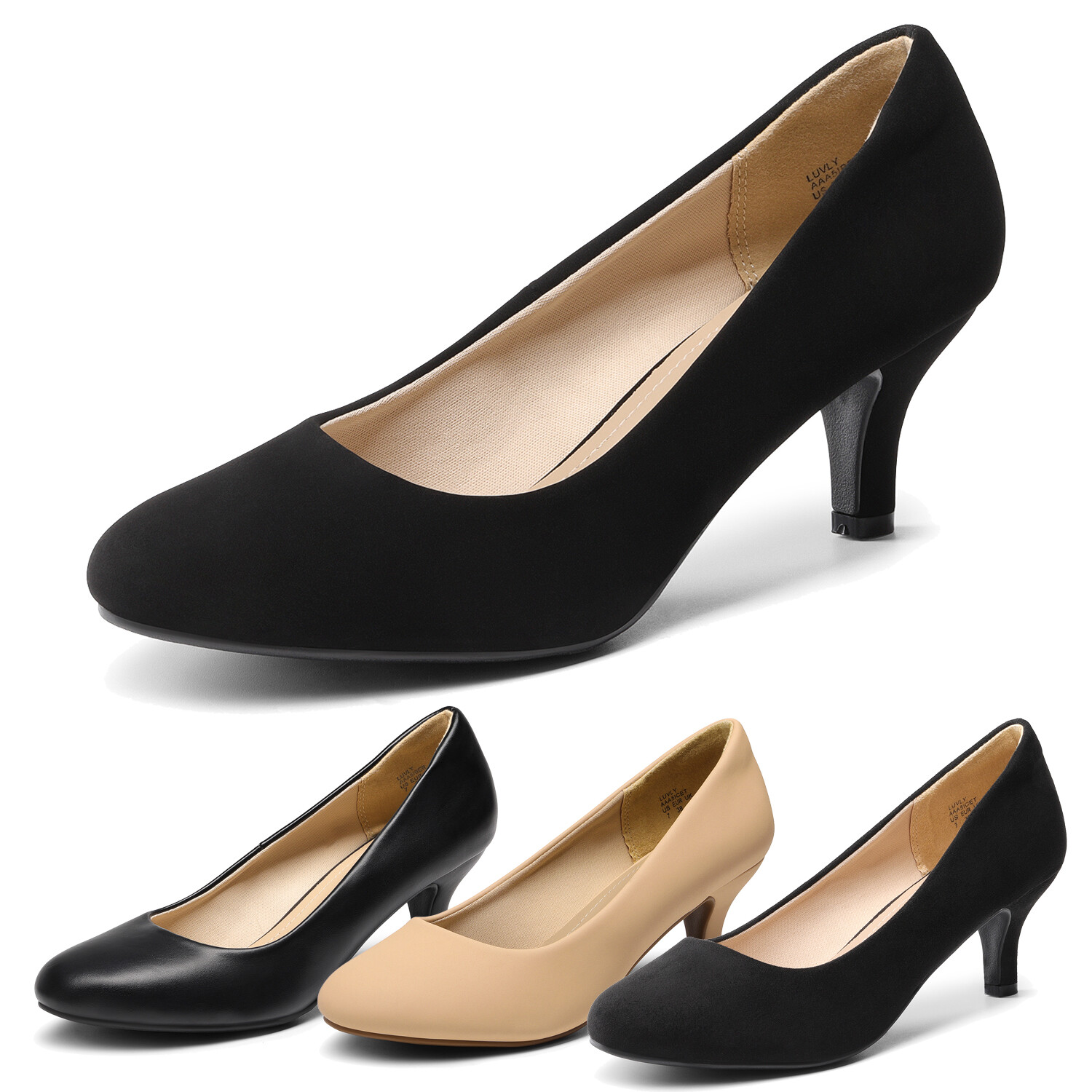 Women's Round-Toe Wide-Size Dress Pumps Low Kitten Heel Office Work Shoes