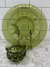 Vintage INDIANA GLASS Green KINGS CROWN Thumbprint Snack Plate w/Cup Set