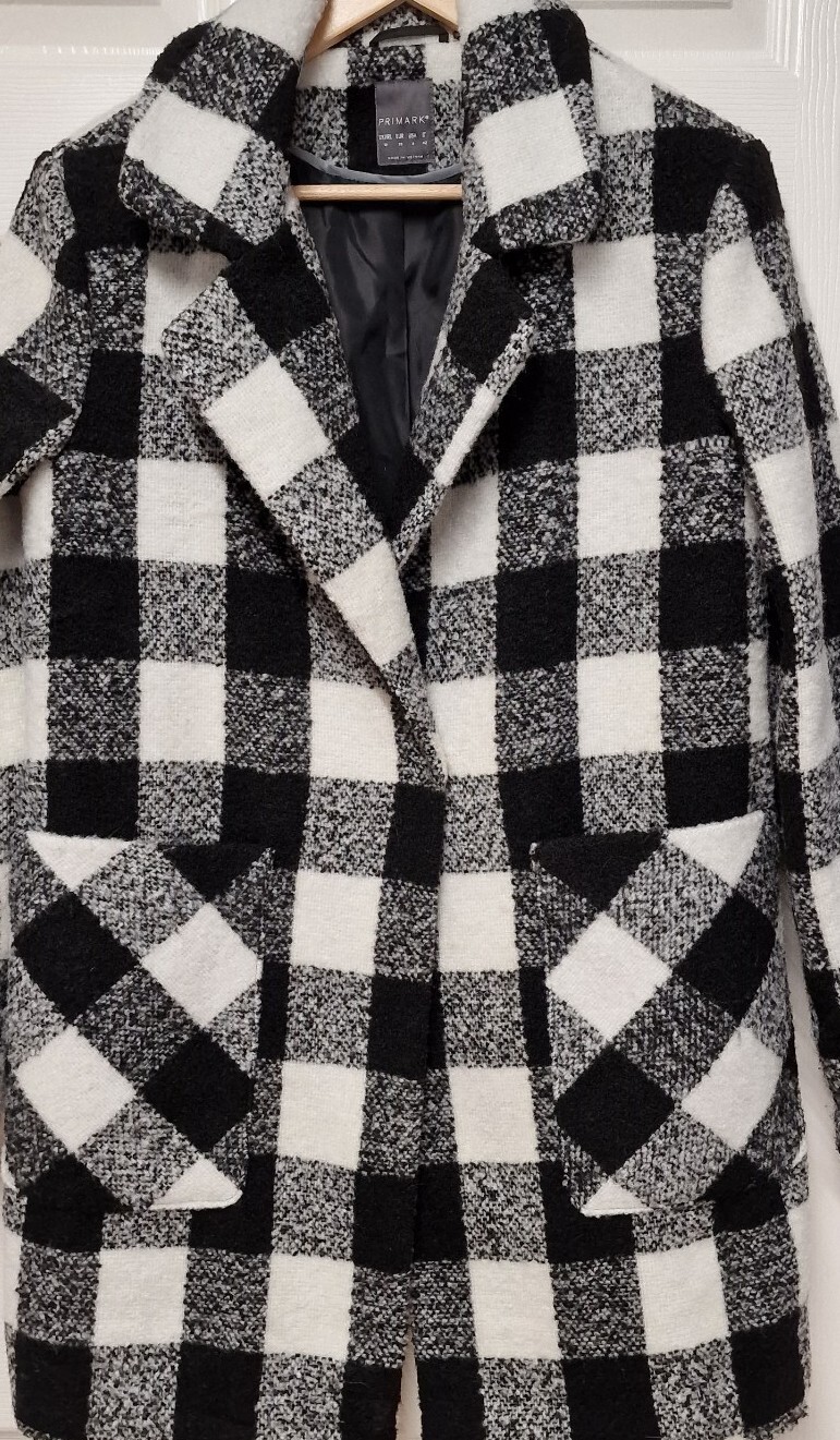 Primark X Stacey Solomon Monochrome Check Wool Like Coat Size 10 12 Black White image 6