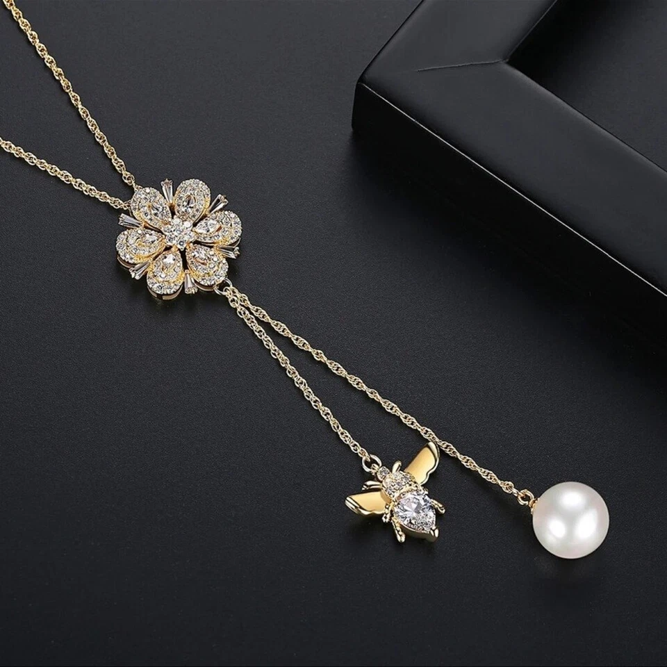Made With Swarovski Crystals Bee Flower Pearl Necklace S2 - Image 3 of 4