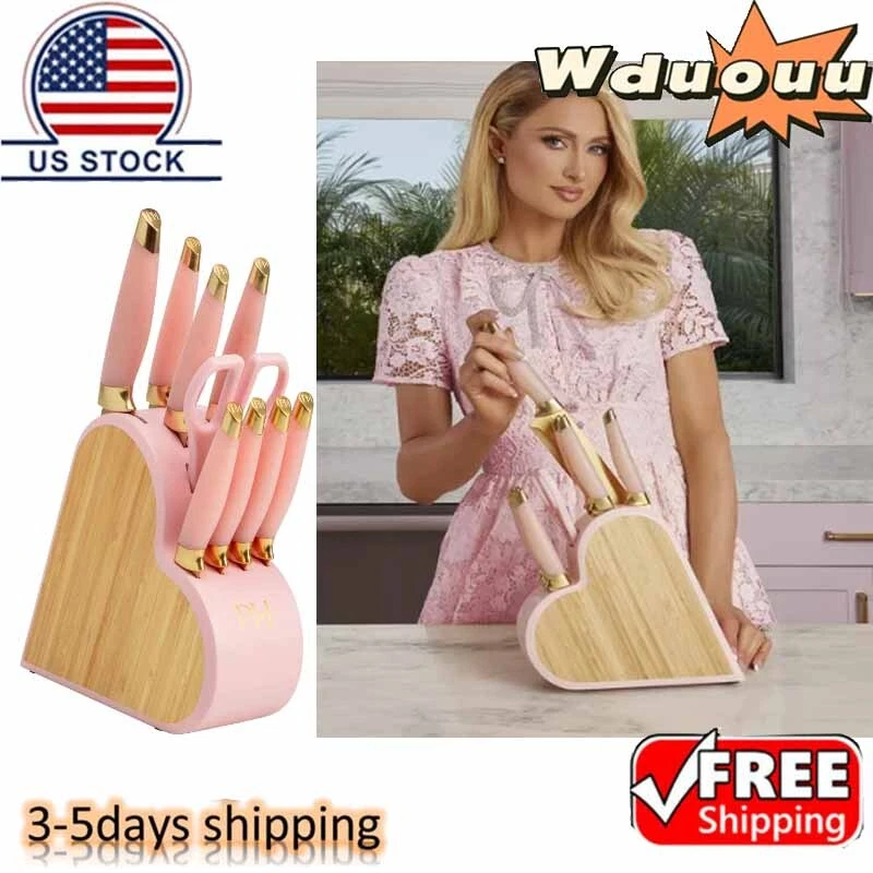 Paris Hilton 10-Piece Heart-Shaped Stainless Steel Knife Block Set, Pink
