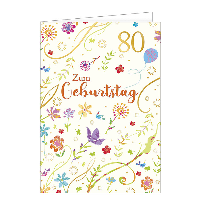 80. Geburtstag - A4 - Glückwunschkarte – Blumen - „Zum 80. Geburtstag“ - Format