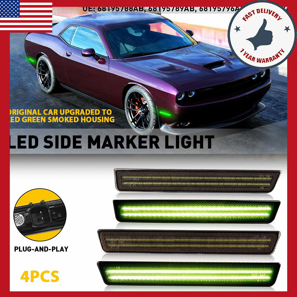 Smoked LED Green Side Marker Lights for 2015-2022 Dodge Challenger - Front & Rear Pair