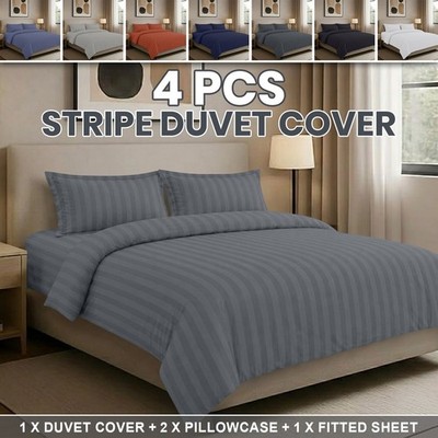 4-teiliges Luxus Streifen Bettbezug Komplett Bettwäsche Set Double King mit Bettlaken