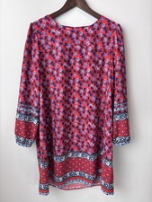 LOFT Red Floral Border-Print Long Sleeve Dress