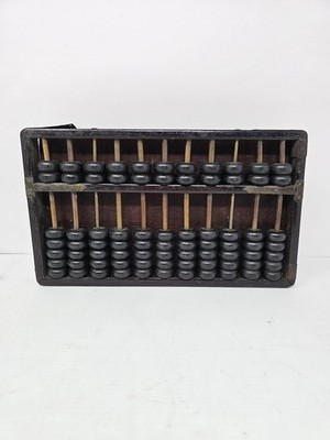 Vintage or Antique Wooden Chinese Abacus Suanpan Dark Beads Wood Frame Horn Rods