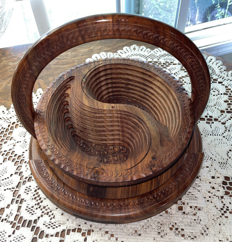VINTAGE COLLAPSIBLE CARVED ROSEWOOD TWO COMPARTMENTS FRUIT OR NUT BASKET