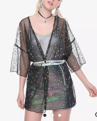 Hot Topic Black Glitter Star Sheer Kimono XS Open Front Celestial Whimsigoth