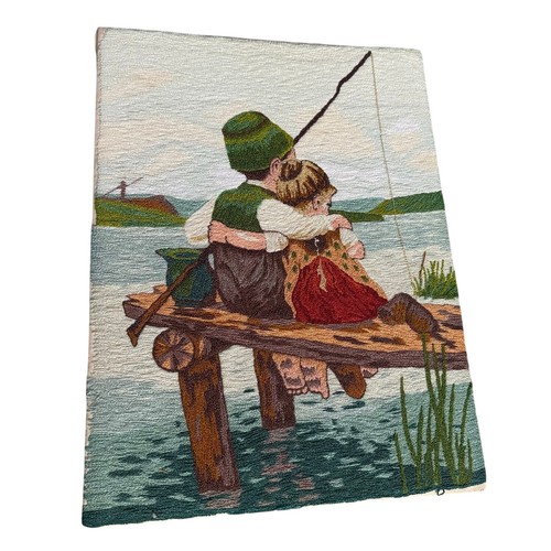 VTG Hand Stitched Finished Bunka Embroidery Tapestry Boy Girl Fishing 12x16
