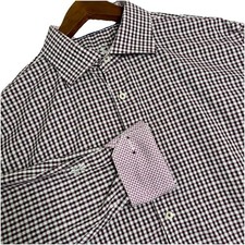 Bugatchi Uomo Classic Fit Mens Dress Shirt 17 34/35 Purple Black Check Flip Cuff