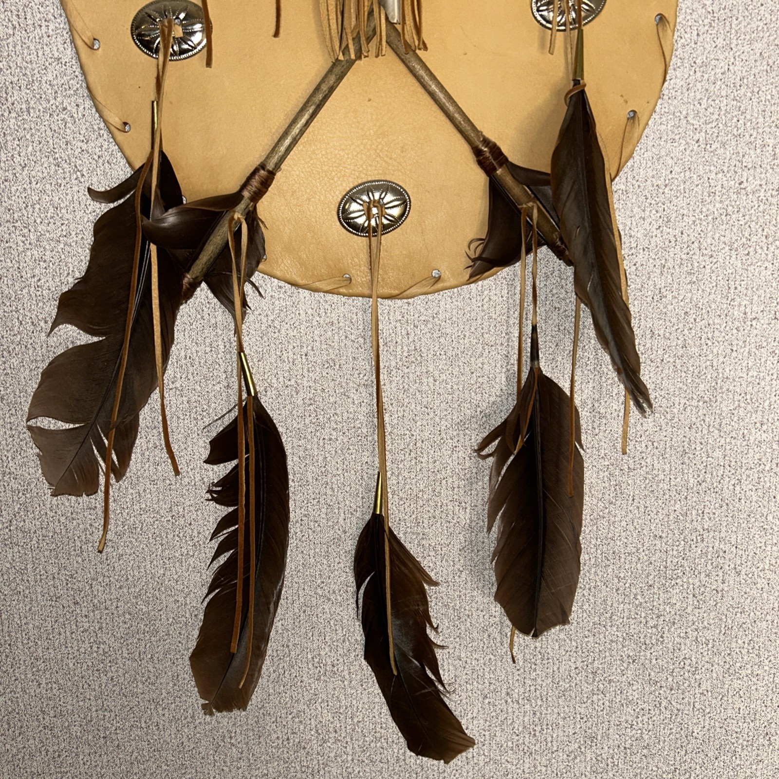 14" dia Tan Leather Medicine Man Shield w/ 2 Arrows & Medicine Bag Used
