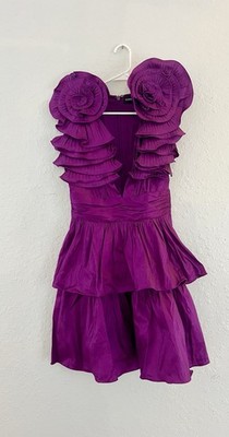 GABRIELLE UNION Rosette Purple Flower Shoulder Detail Deep V Cut Cocktail Dress 