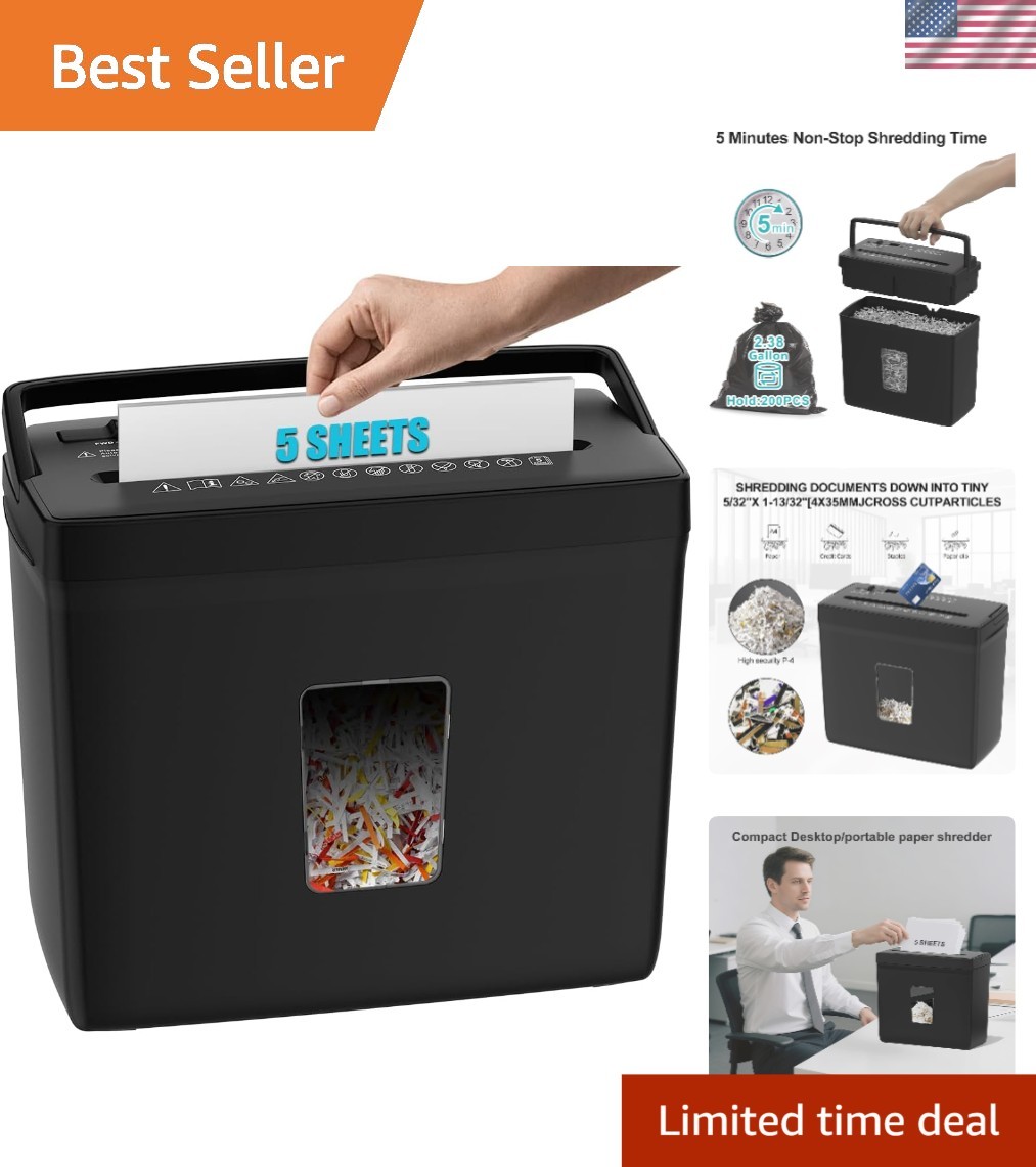 Durable Compact 5-Sheet Shredder with 2.38-Gallon Basket - Home Office Essential