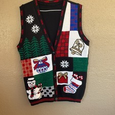 Vtg Christmas Sweater Vest Knit Large Snowman Metallic Shiny Tree Ugly Party