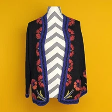 mfaboston Womens Large Llama/Wool Blend Embroidered Floral Open Cardigan Sweater