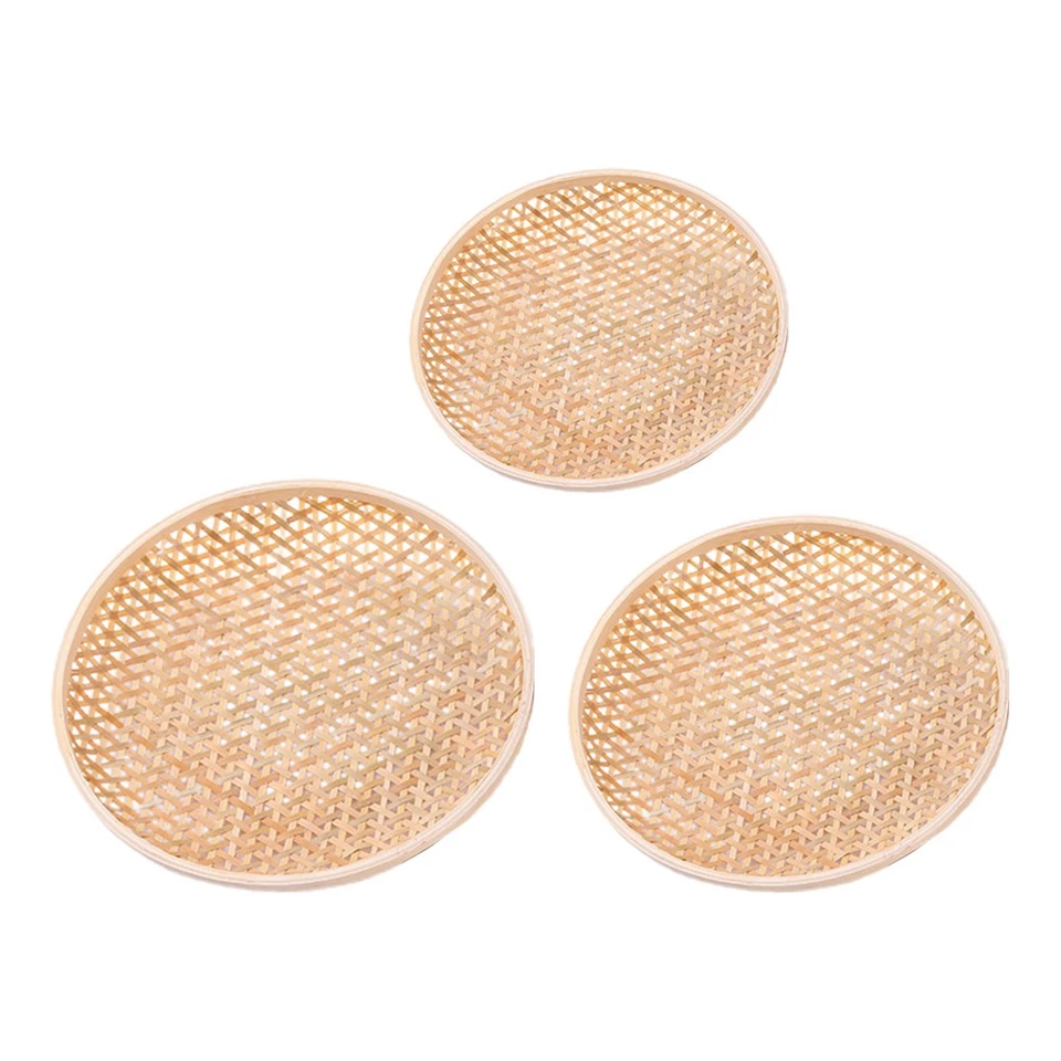 3pcs Bamboo Basket Tray Handwoven Decorative Plate for Food Storage