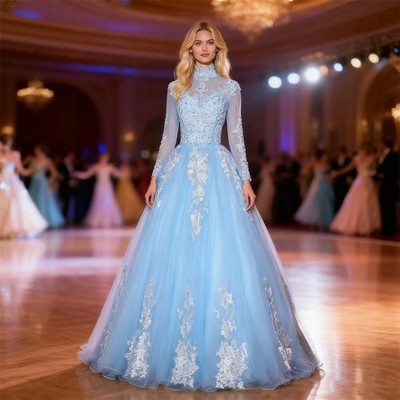 blue lace mesh dress Classic Sweet 15 with High Neck Full Sleeves A Line Long Evening and ready to steal 21% Nylon 90s Betsey Johnson Velvet SIZE:17-17.5/32