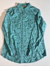 Wrangler boys Longhorn print pearl snap Western Turquoise shirt size M