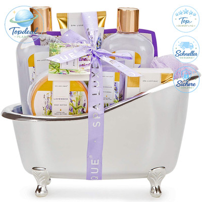 Bade Geschenkset 8tlg Lavendelduft Wellness Set für Frauen mit Deko Badewanne