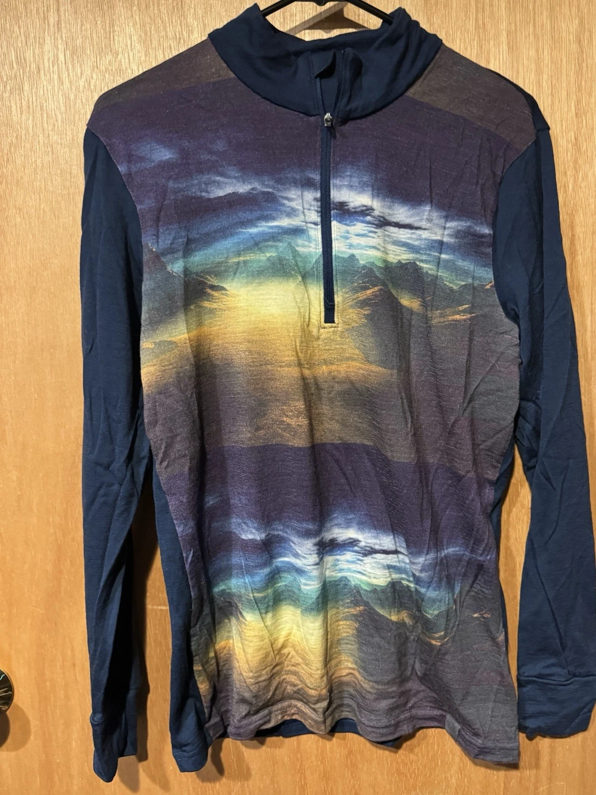 Helly Hansen Mens Large Merino Wool 1/2 Zip Mountain Graphic Base Layer Blue (X1