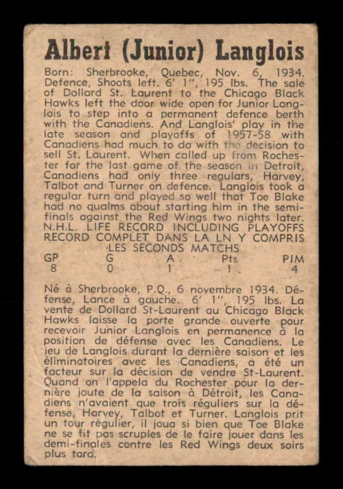 1958 Parkhurst #5 Albert Langlois   GOOD X3565897 - Image 2 of 3