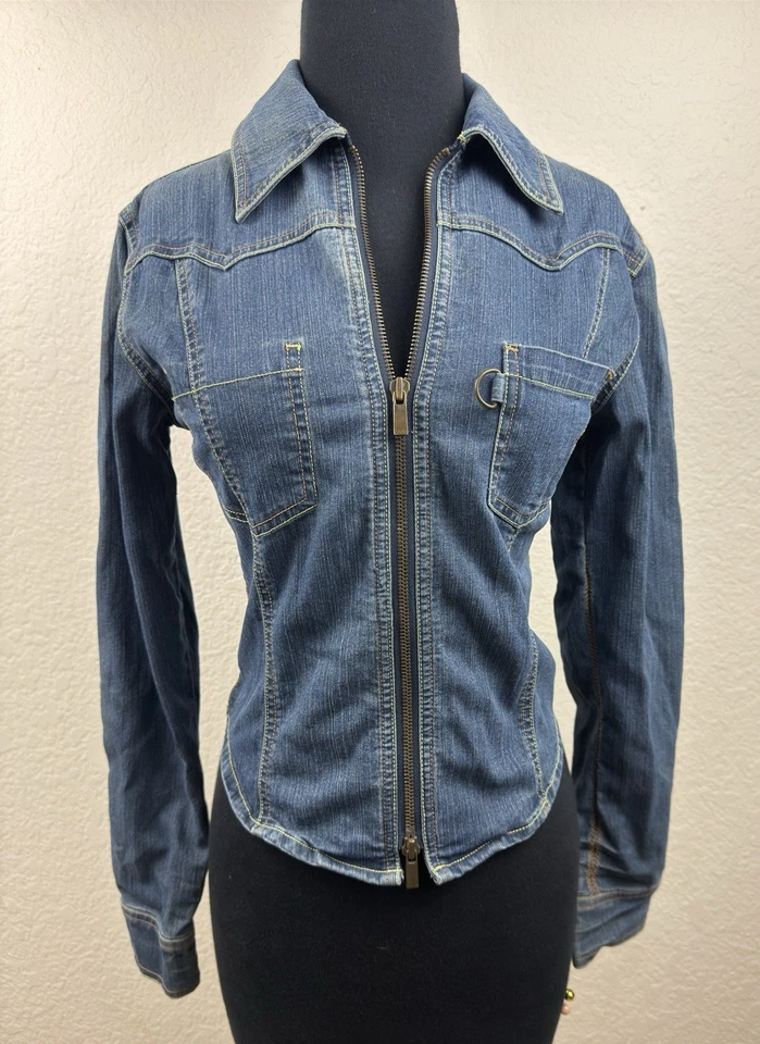 Camisa de mezclilla elástica Express vintage para mujer XS cremallera frontal ajustada Y2K moto utilitaria Foto 2 de 4