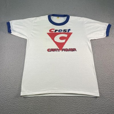 Vintage Crest Cavity Fighter Shirt Mens XL White Ringer Toothpaste Promo 80s