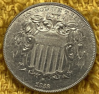 1868 Shield Nickel 5c UNC. FREE SHIPPING. possibly Cleaned.