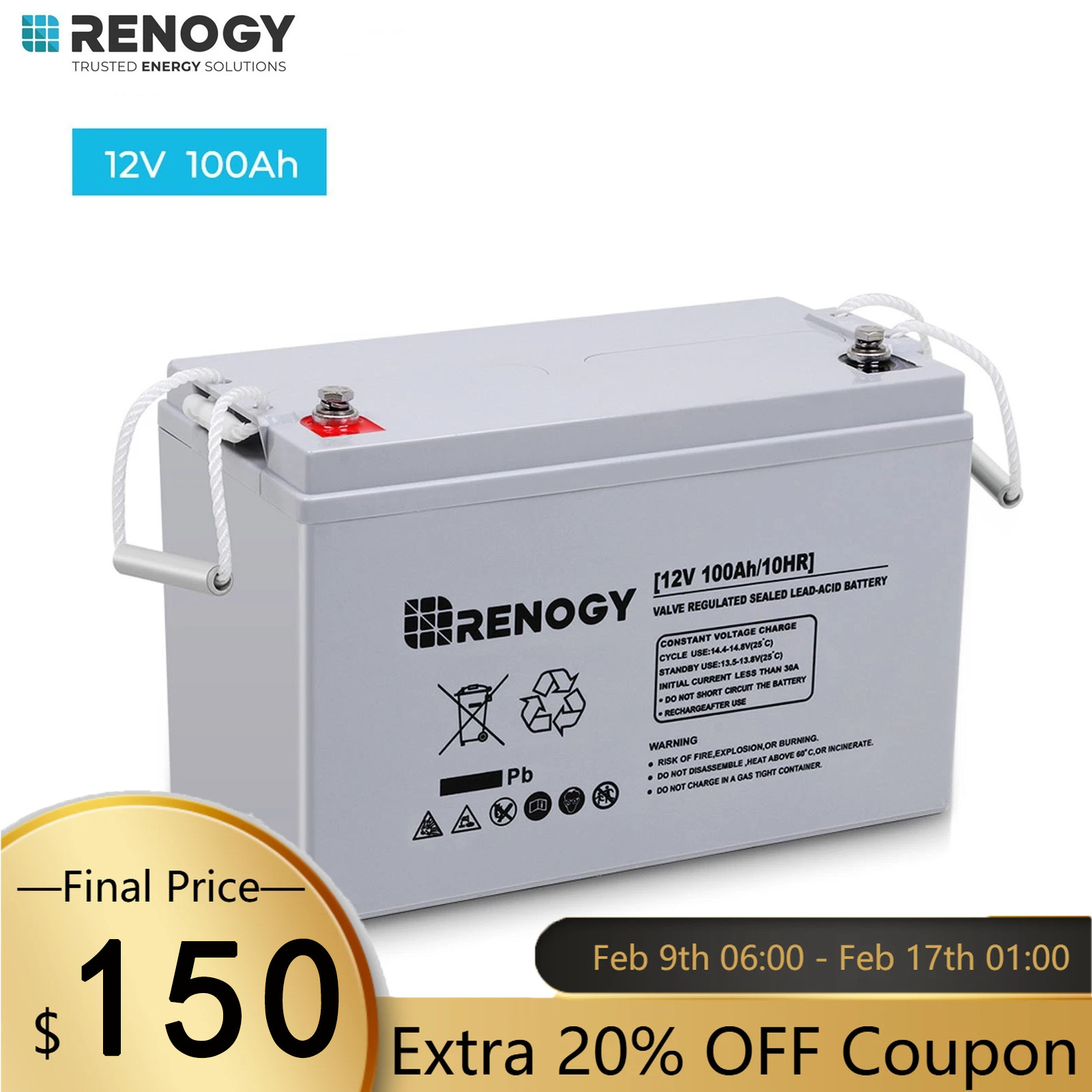 Renogy Deep Cycle AGM Battery 12 Volt 100Ah 1100A Max Discharge Current Off-Grid