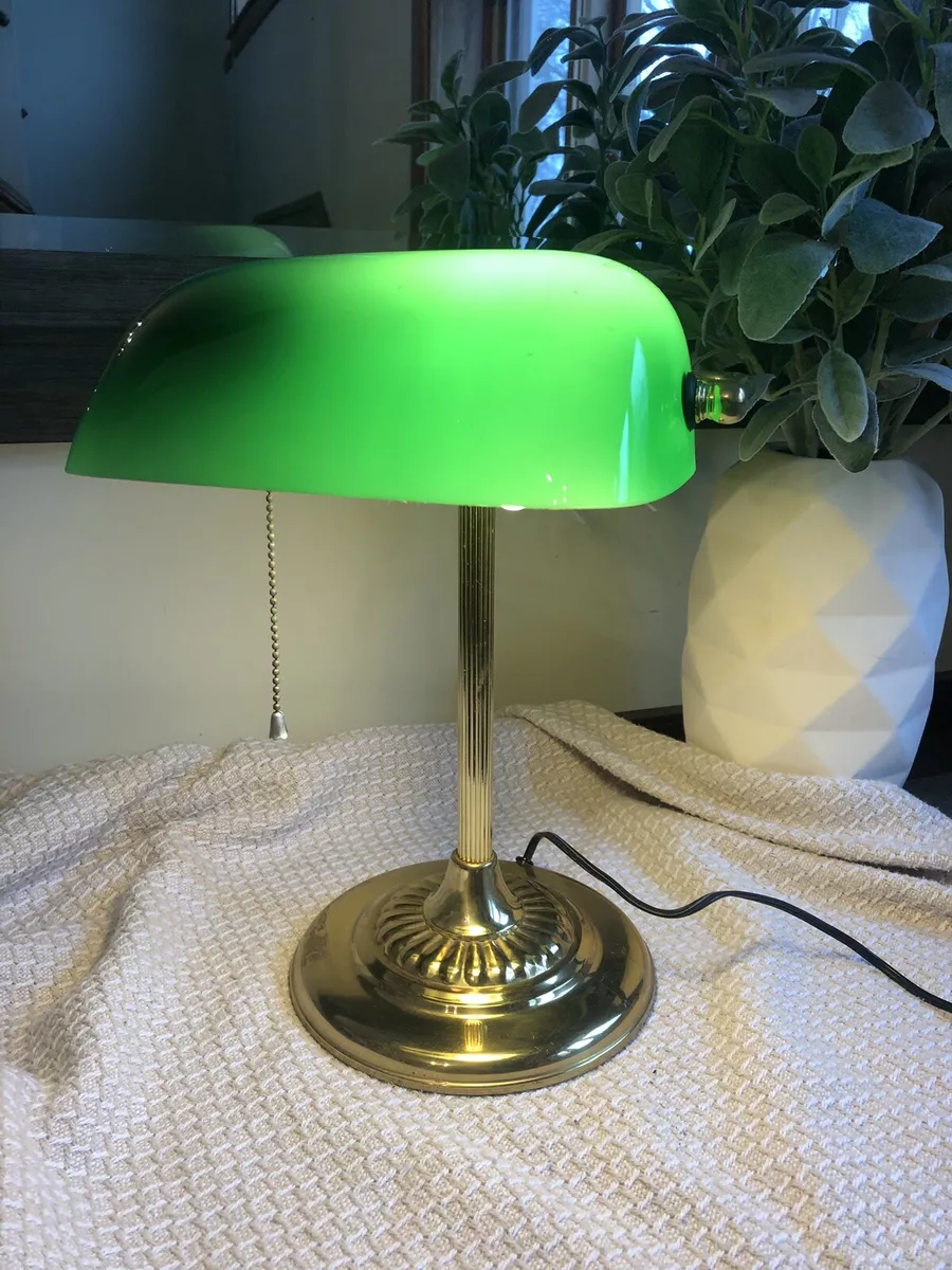 VTG Bankers Lamp Green Glass Shade Brass Base Pull-Chain Switch Desk/Library  EXC