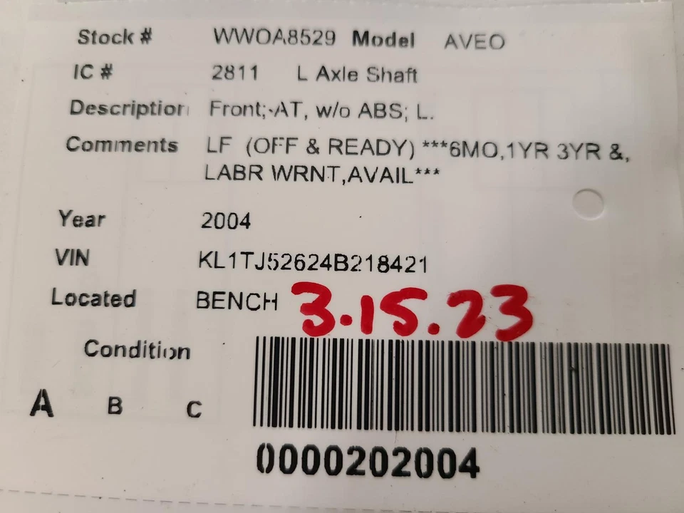 Eje de transmisión delantero izquierdo usado se adapta a: Chevrolet Aveo 2004 delantero AT sin ABS delantero Foto 4 de 4