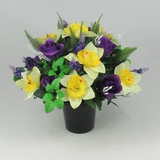 Artificial silk flowers memorial pot  - grave arrangement All Round spring grave