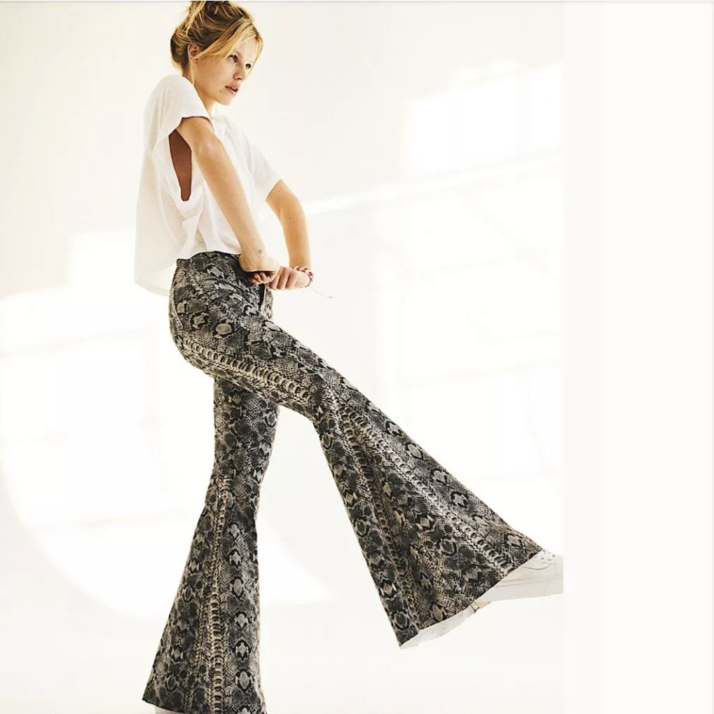Free People Just Float On Snake Printed High Rise Flare Jeans Size