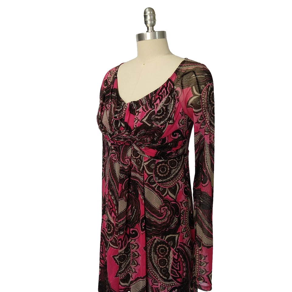 Vestido de Hadas Vintage Y2K INC Talla M Rosa Marrón Paisley Micro Malla Estampado Boho Foto 4 de 4