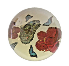 Red Rose + Butterflies Domed French Crystal Paperweight 3.5" Boxed NEW Old Stock