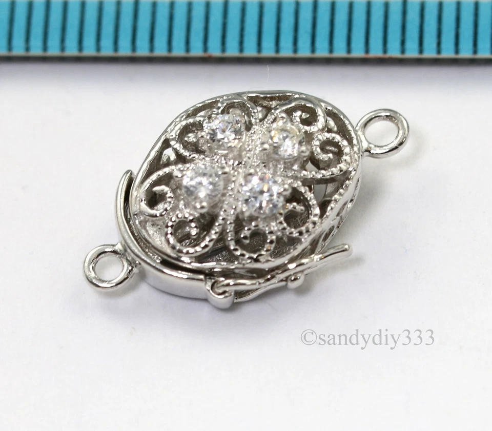 1x  Rhodium plated STERLING SILVER CZ CRYSTAL OVAL 1-strand BOX CLASP 14mm #3118 - Image 2 of 4