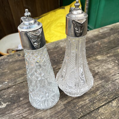Paar antike versilberte geschliffene Glaskaraffen 11 Zoll hoch um 1900 (15)
