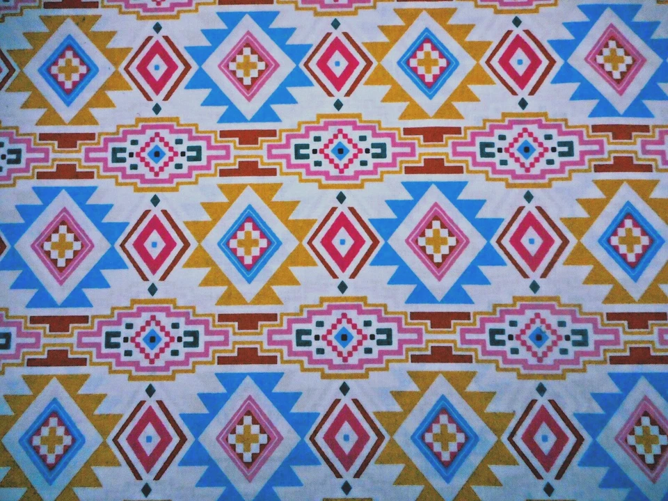 Southwest Fabric 7/8 Yard Blue Pink Gold White Aztec Tribal Premium Cotton - Image 2 of 2