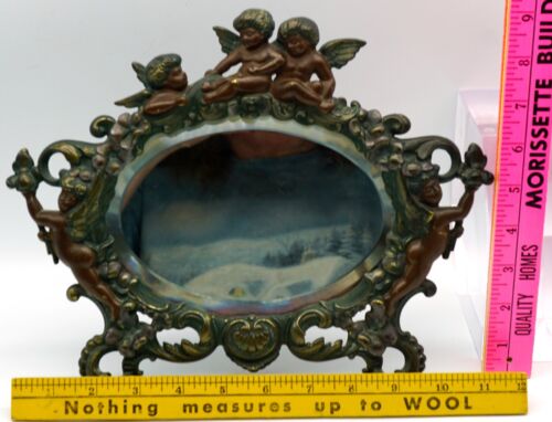 Jugendstil ovaler Eisen abgeschrägter Spiegelrahmen Staffelei Boden mit Engeln und Amoren - Bild 14 von 14