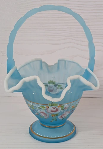 Vintage 2002 FENTON Hand Painted Charleton Collection Blue Topaz Basket SIGNED
