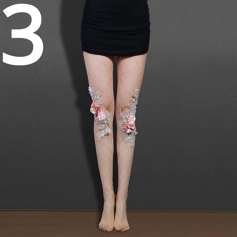 Sexy Calcetines Medias de Red Huecas Pantimedias de Red para Damas 3D Floral Estrás Foto 2 de 4