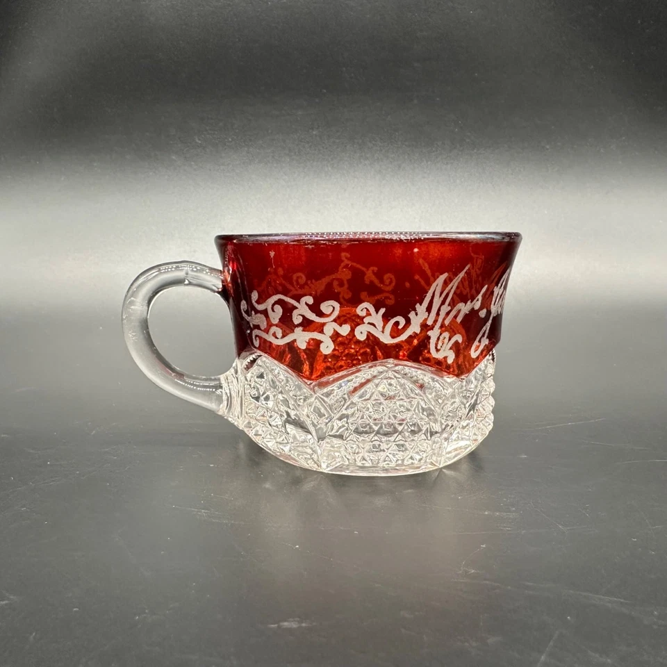Antique Ruby Red Flash Glass Cup Souvenir Etched Mug EAPG Vintage Mrs Fiegel - Image 4 of 4