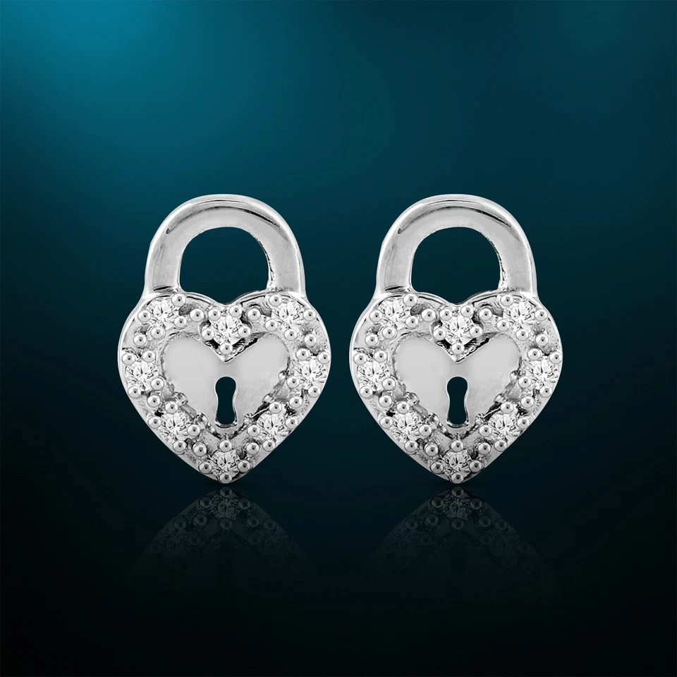 1/10 Cttw Diamond Heart Lock Earrings for Women in Sterling Silver - Image 3 of 4