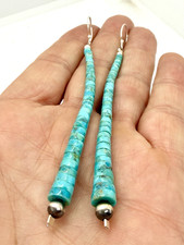 Navajo Graduated Heishi Dangle Blue Turquoise Sterling Silver Earrings 4&rdquo; Native