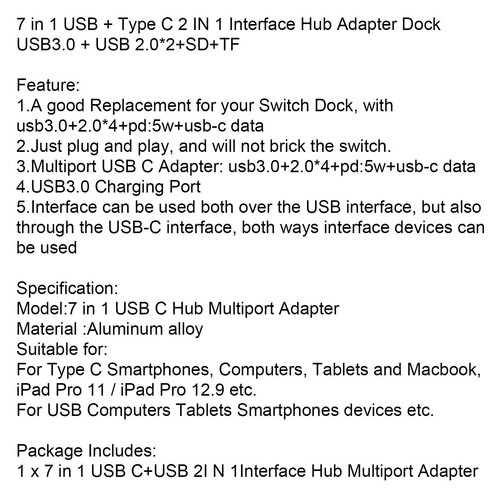 7-Port USB Hub 2 IN 1 Schnittstelle USB + Type C USB3.0 für Laptop MacBook A - Afbeelding 8 van 11