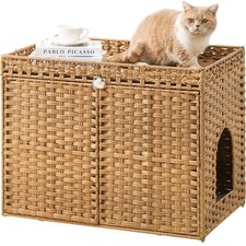 Cat Litter Box Enclosure Furniture, Handwoven Rattan Hidden Litter Box with M...