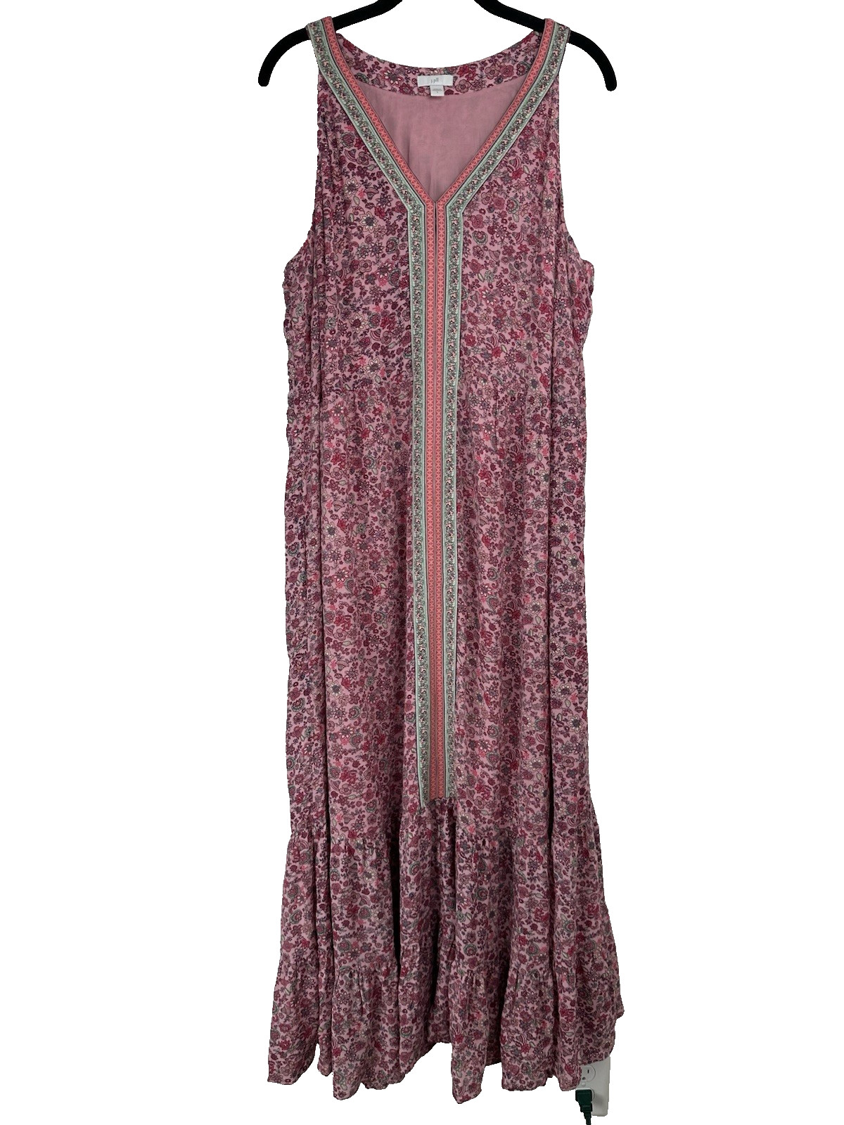 J. Jill Maxi Dress Size Large Pink Floral Tiered Boho Lightweight Breezy Beachy